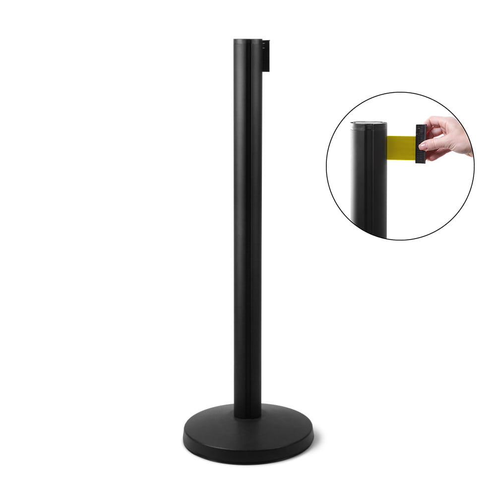 J-EXTBE Barrier Post with a Winding Tape 270 cm - Black Post With a Yellow Tape - A Barrier Post, a Post With a Rounded Tape For the Hotel, Restaurant and VIP Area