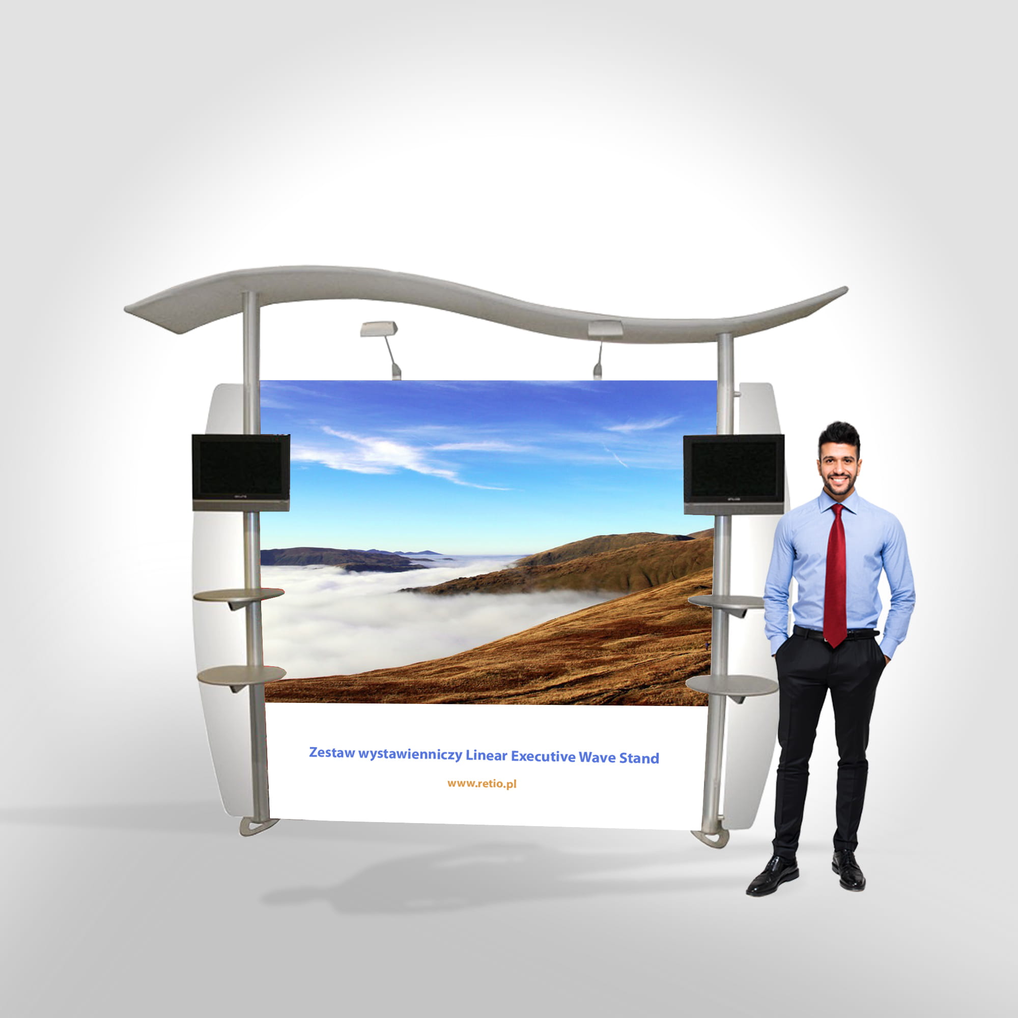Linear Executive Wave Stand exhibition set 3 x 2.5 m (2 LCD holders + 4 pockets for leaflets)