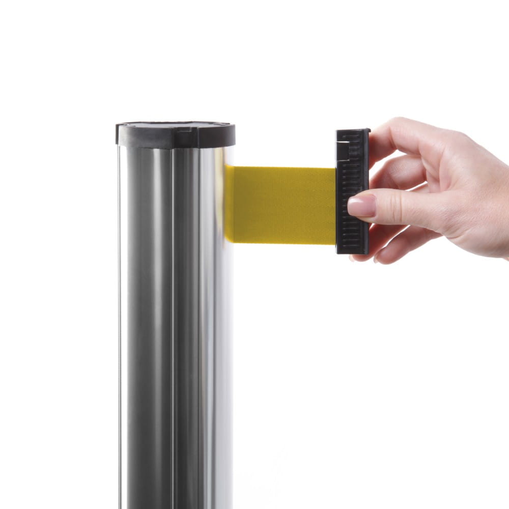J-EXTBE Barrier Post with a Yellow Winding Tape 270 cm - Chrome Post With a Yellow Tape - A Barrier Post, a Post With a Rounded Tape For the Hotel, Restaurant and VIP Area