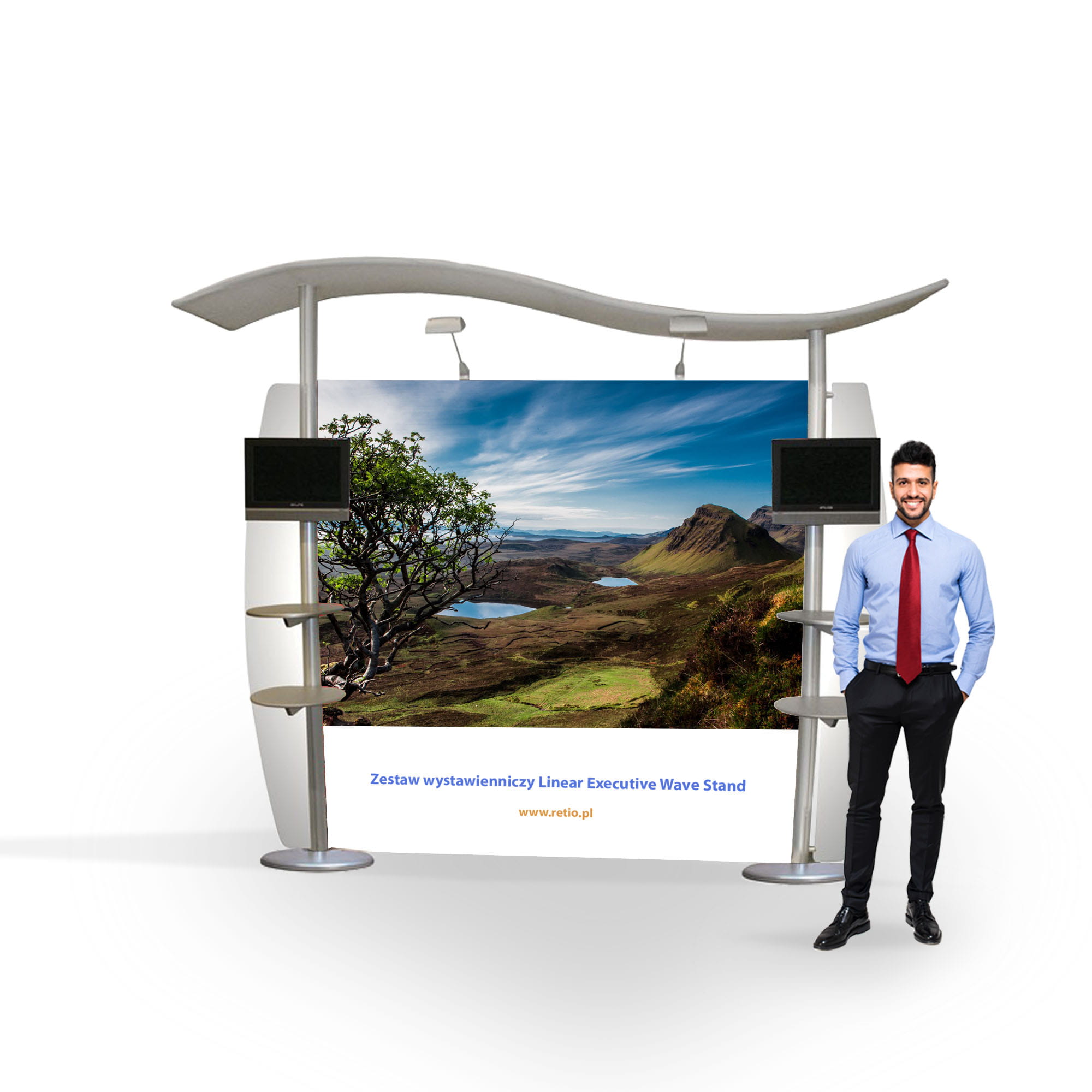 Linear Executive Wave Stand exhibition set 3 x 2.5 m (2 LCD holders + 4 shelves for leaflets)