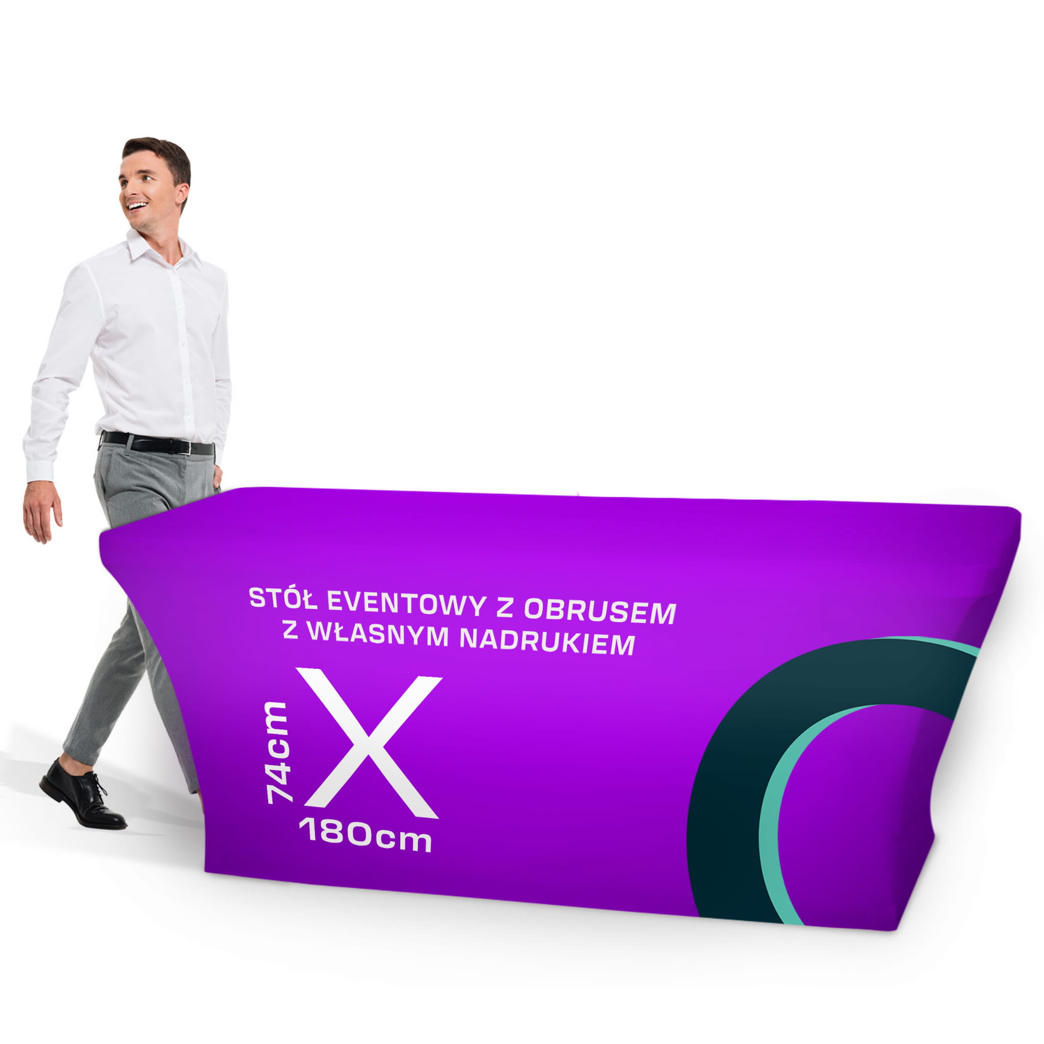Stół eventowy z naciągam obrusem z nadrukiem -180 x 75 cm
