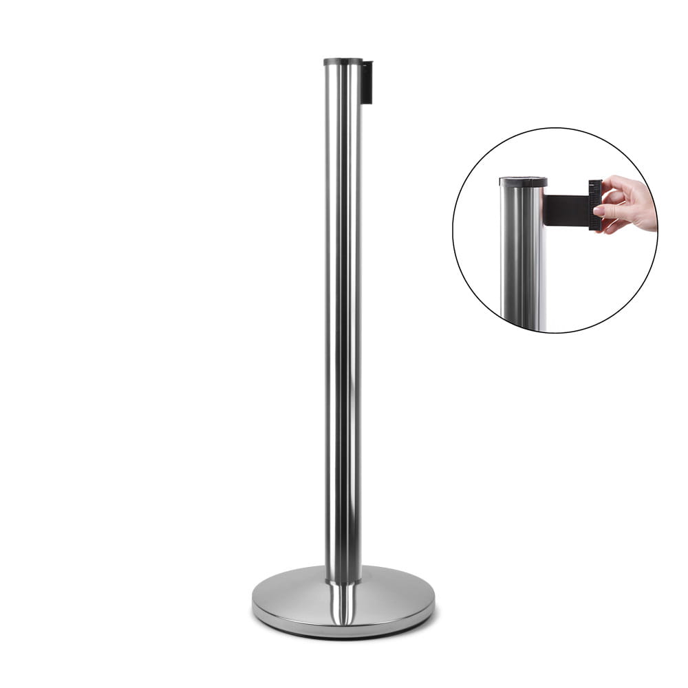 J-EXTBE Barrier Post with a Black Winding Tape 270 cm - Chrome Post With a Black Tape - A Barrier Post, a Post With a Rounded Tape For the Hotel, Restaurant and VIP Area