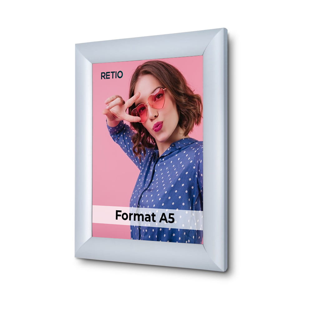 Ramka zatrzaskowa KRAST A5 (14,8 x 21,0 cm) aluminiowa srebrna rama ramka plakatowa OWZ ścienna na plakat na zdjęcia - profil 25mm, prosty narożnik