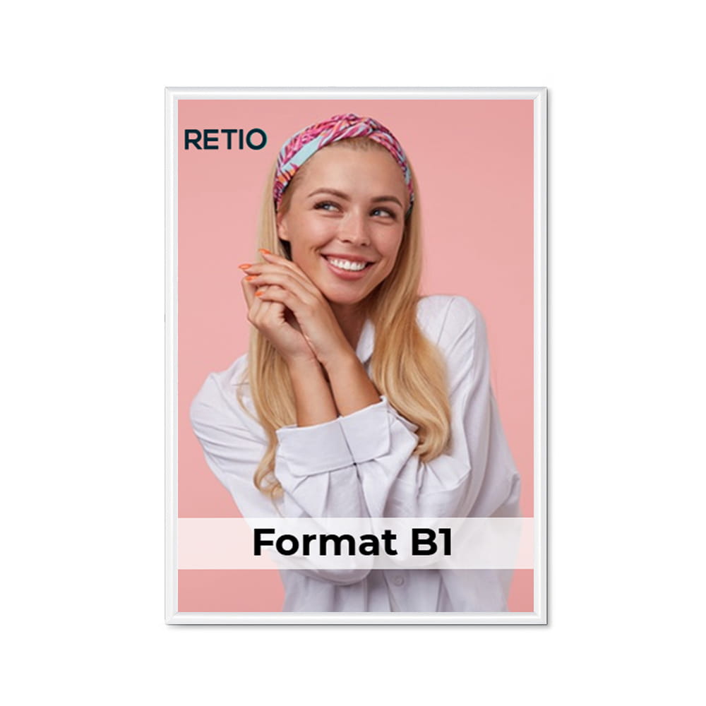 Ramka zatrzaskowa KRAST B1 (70,0 x 100,0 cm) aluminiowa biała z ostrym prostym narożnikiem rama ramka plakatowa OWZ ścienna na plakat na zdjęcia profil 25 mm